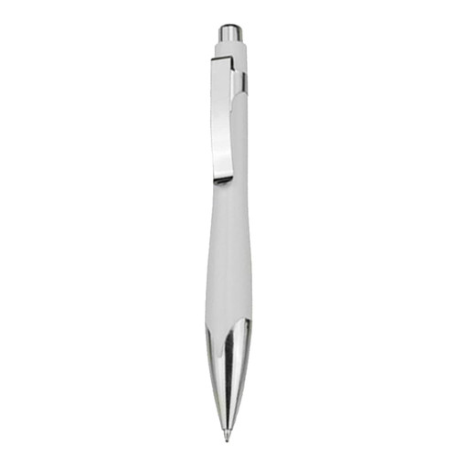 A white plastic pen with a shiny silver clip and trim. The pen has a sleek, modern design and features a branding logo.