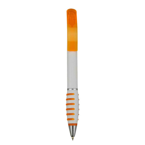 A plastic pen featuring a white body with an orange grip and cap, complemented by a silver trim. Includes a logo.