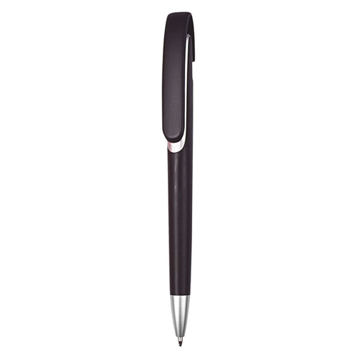 A plastic pen in a dark purple colour with a silver clip and a sleek design. Features a logo on the clip.