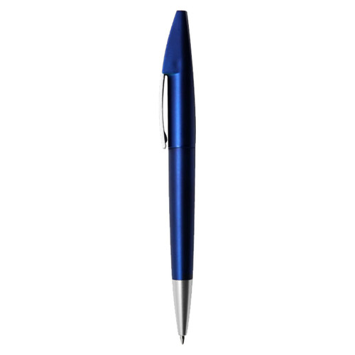 A metallic blue pen with a silver clip and tip, featuring a branding logo on the barrel.
