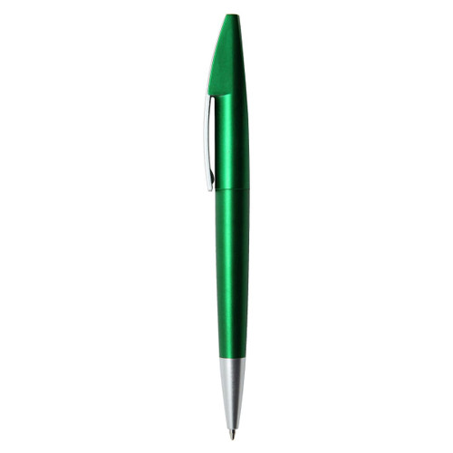 A green metallic pen with a silver clip and tip, featuring a branding logo.