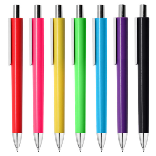 A collection of plastic pens in red, pink, green, yellow, and black, featuring a silver clip and tip, with a logo.