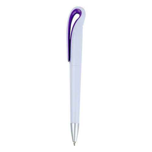 A plastic pen in light purple with a silver tip and a purple clip, featuring a logo.