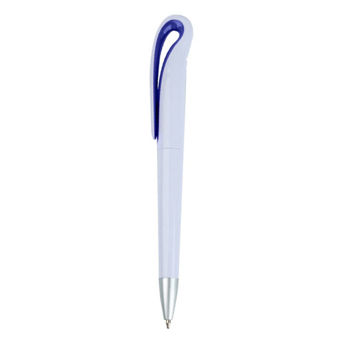 A plastic pen in light purple with a blue clip and a silver tip. It features a logo on the body.