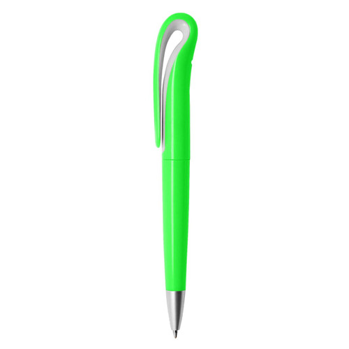 A bright green plastic pen with a curved clip and silver tip, featuring a logo.