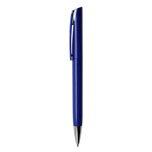 A blue plastic pen with a clip and a shiny silver tip, featuring a logo on the body.