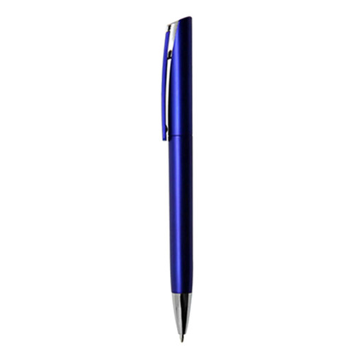 A metallic blue plastic pen with a silver clip and a rounded tip, featuring a logo on its body.
