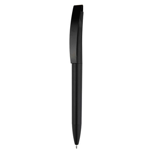 A black plastic pen with a sleek design and a clip, featuring a logo on the body.