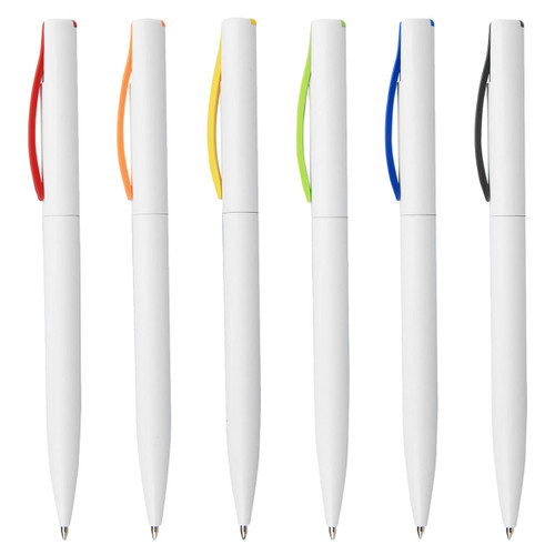 A collection of six plastic pens in white with coloured grips: red, orange, green, blue, black, and yellow.