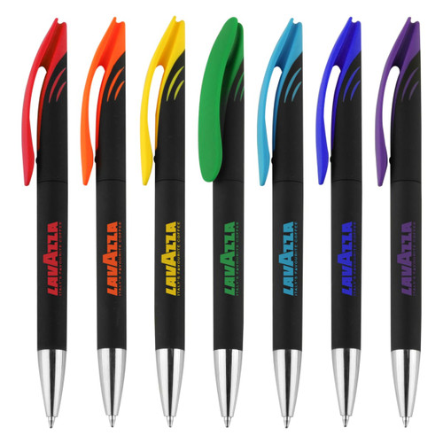 A set of plastic pens in black with coloured accents: yellow, orange, green, blue, and purple, each featuring a logo.