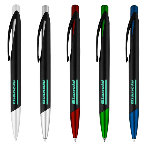 A set of five plastic pens in white, red, green, and blue, featuring black grips and a logo.