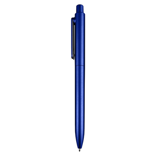 A blue plastic pen with a clip and a smooth barrel, featuring a logo on its surface.