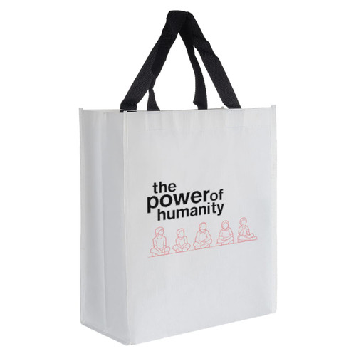 A white paper bag with black handles and a logo featuring four seated figures in a pink graphic.
