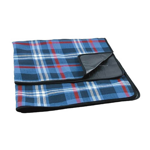 A blue and plaid picnic blanket featuring a black waterproof backing and a folded corner. It has a logo.
