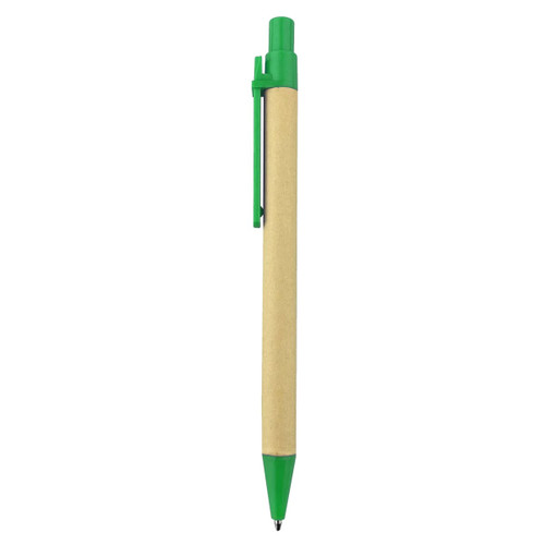 A recycled cardboard pen with a natural body and green accents. Features a clip and a logo.