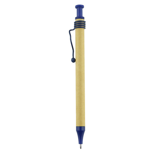 A recycled cardboard pen featuring a blue clip and accents, with a simple design. It has a logo on the barrel.