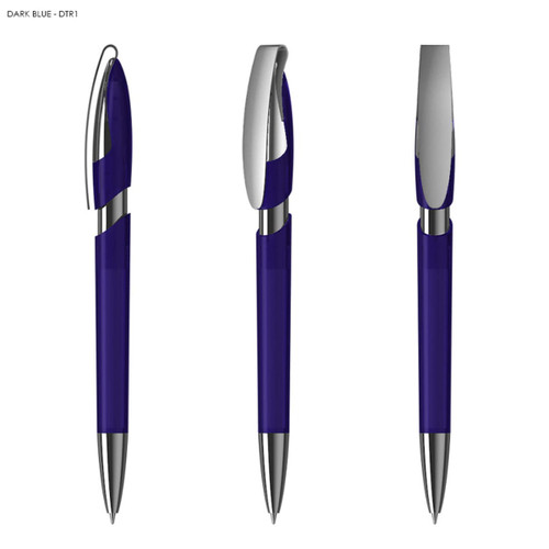 A transparent dark blue plastic pen with a silver clip and accents, showing three different angles.