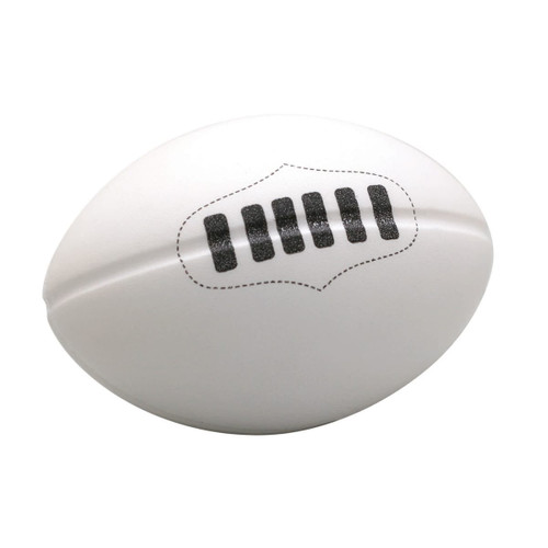 A white stress footy with black detailing and a logo on its surface, ideal for stress relief and fun.