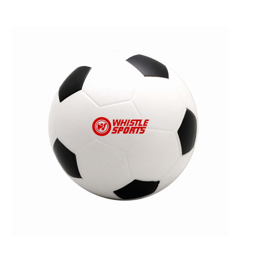 A small white stress soccer ball with black patches and a logo. Ideal for stress relief and fun activities.