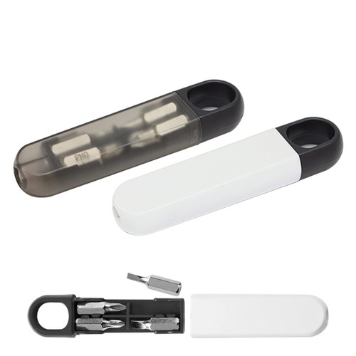 A compact mini screwdriver kit in black and white, featuring multiple screwdriver bits stored in a slim case with a loop.