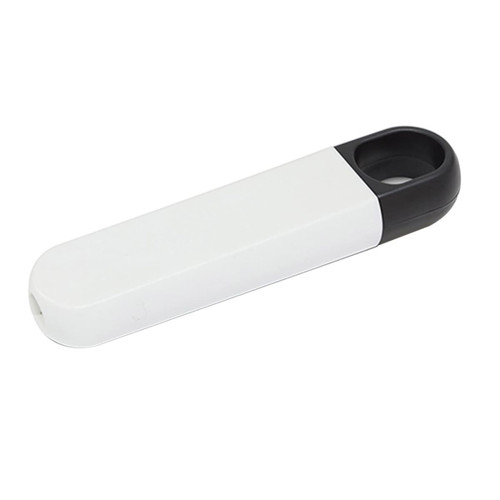 A white and black mini screwdriver kit with a sleek, elongated design and a circular opening at one end.