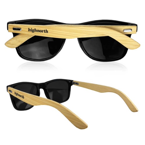Bamboo Raybeam Premium Sunglasses with black lenses and bamboo-inspired arms, featuring a brand logo on the side.