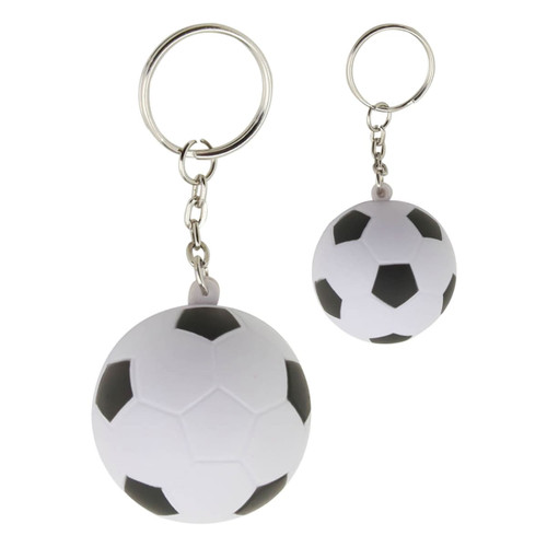 A stress soccer ball key ring in white and black with a shiny metal chain and ring.