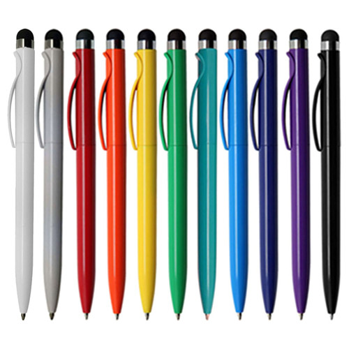 A collection of stylus pens in white, red, orange, yellow, green, blue, purple, and black, featuring a logo.