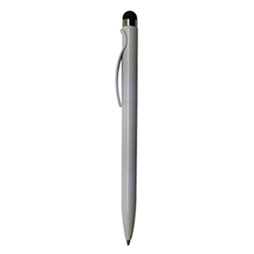A sleek, silver plastic stylus pen with a black tip and a clip. Includes a branding logo.