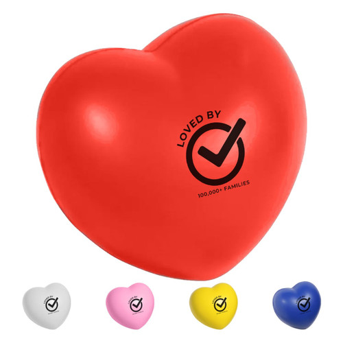 A red heart-shaped stress ball with a logo, accompanied by white, pink, yellow, and blue heart shapes.