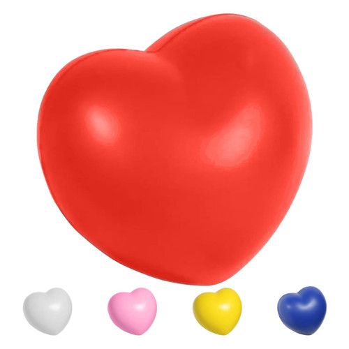A red heart-shaped stress ball with smaller versions in white, pink, yellow, and blue underneath.