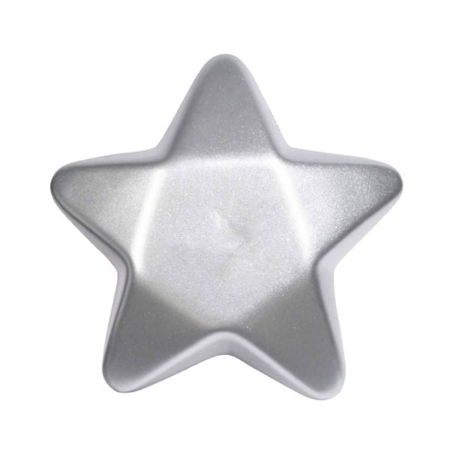 A silver star-shaped stress toy with a smooth, glossy surface. It has a subtle shimmer and a star design.