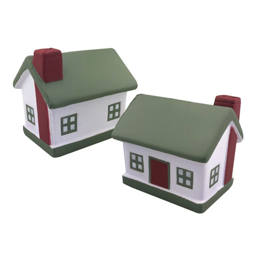 Two stress-relief house shapes with green roofs and white walls, featuring red doors and windows.