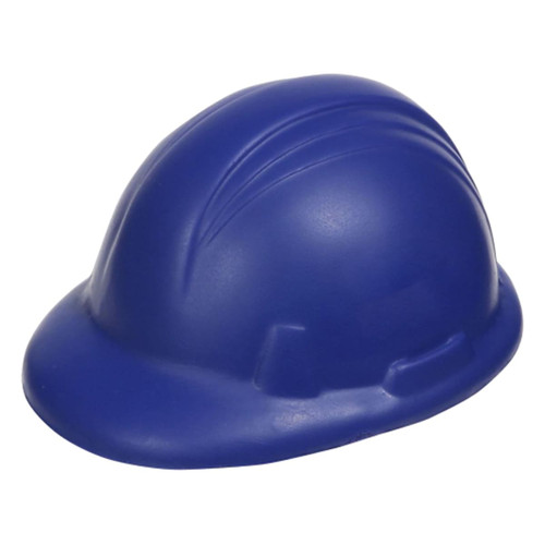 A blue stress hard hat with a smooth surface and rounded top. It features a simple design and has a logo.