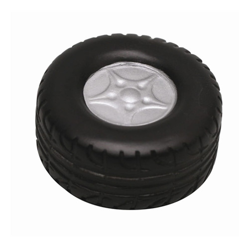A black stress relief toy shaped like a tyre, featuring a silver rim in the centre. It has a textured surface.