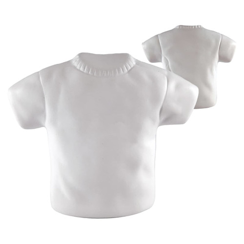 A white stress T-shirt shaped stress reliever, displayed from two angles. It features a simple design and has a logo.