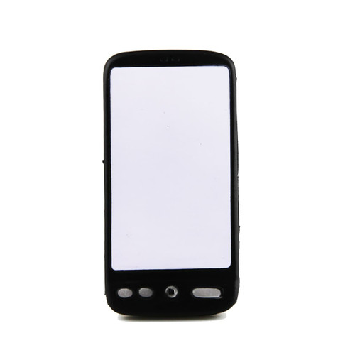 A black stress mobile phone with a blank screen and three buttons at the bottom, featuring a logo on the back.
