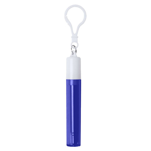 A retractable metal straw in a purple casing with a white top, featuring a clip for attachment.