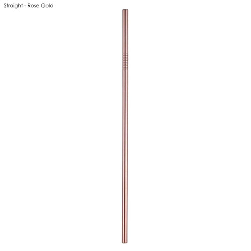 A straight stainless steel straw in rose gold, 6mm x 215mm, with a logo visible on the surface.
