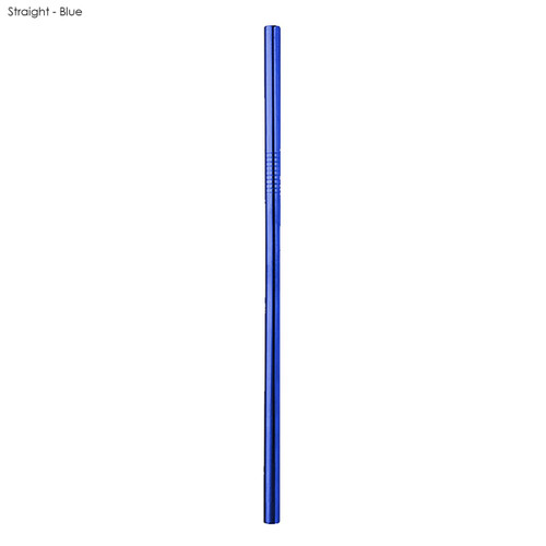 A blue stainless steel straw, measuring 8mm x 215mm, features a sleek, straight design and includes a logo.