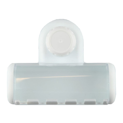 A clear plastic toothbrush holder with a white top and a circular attachment. It features multiple slots for toothbrushes.