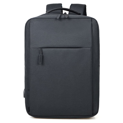 A dark grey backpack featuring a front pocket and dual shoulder straps. It has a streamlined design and a top handle.
