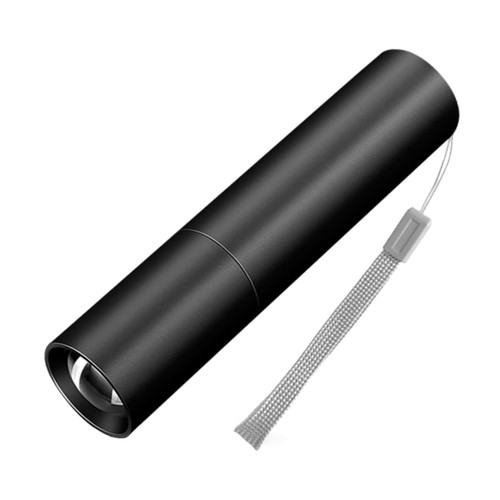 A black, cylindrical torch with a strap, featuring a sleek design for easy carrying.