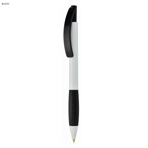 A plastic pen in white and black, featuring a clip and a branding logo.