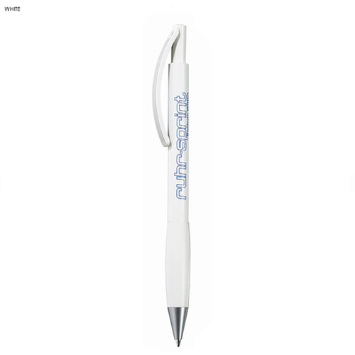 A white plastic pen with a clip and a logo. The pen features a sleek design and a contrasting ink tip.