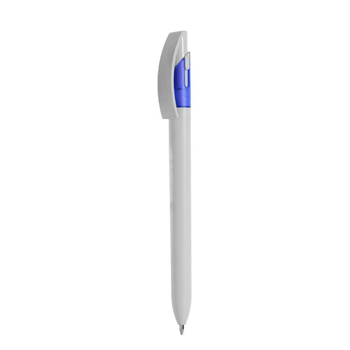 A plastic pen in white with a blue clip and button, featuring a logo on the side.