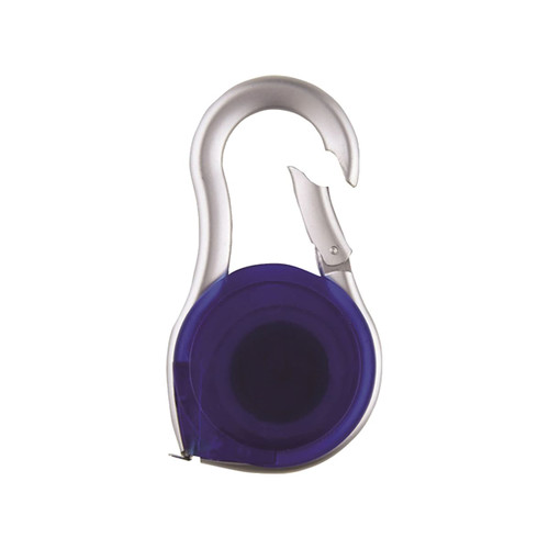 A purple carabiner tape measure with a silver hook. The casing is round and compact, showcasing its tool functionality.