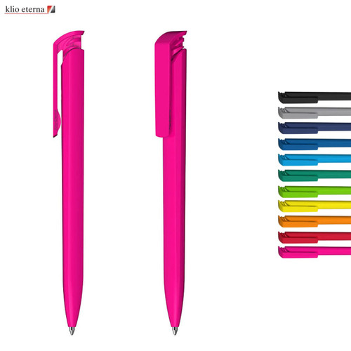 Two pink plastic pens are displayed, next to a range of pens in various colours, with a logo on the top left.