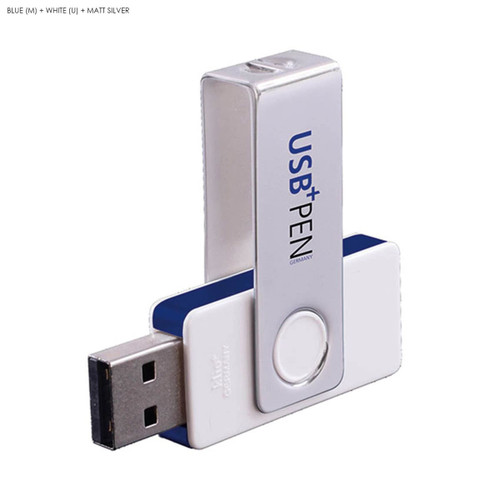A USB flash drive with a metal clip, featuring a matte silver and white design. It includes a logo.