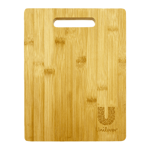A bamboo chopping board with a handle and a logo, featuring a natural wood grain texture.